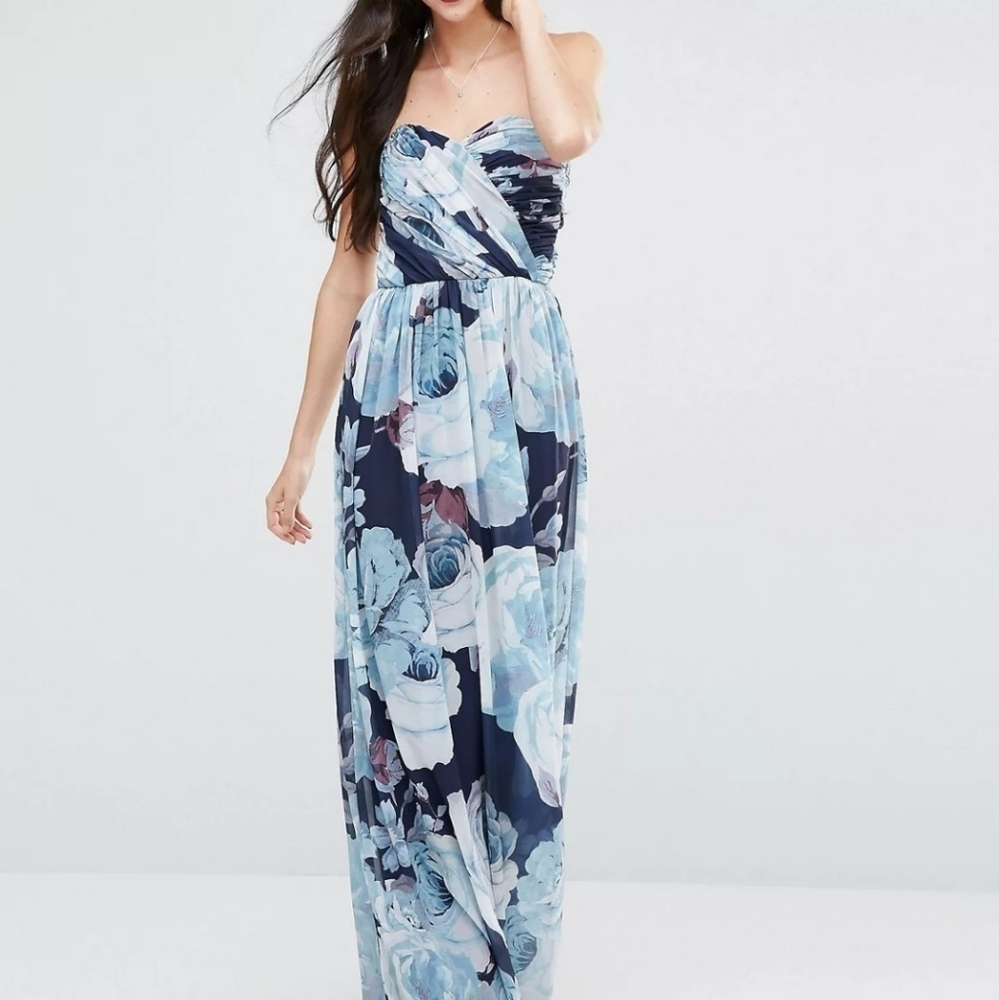 ASOS Strapless Blue Chiffon Floral Dress sz12